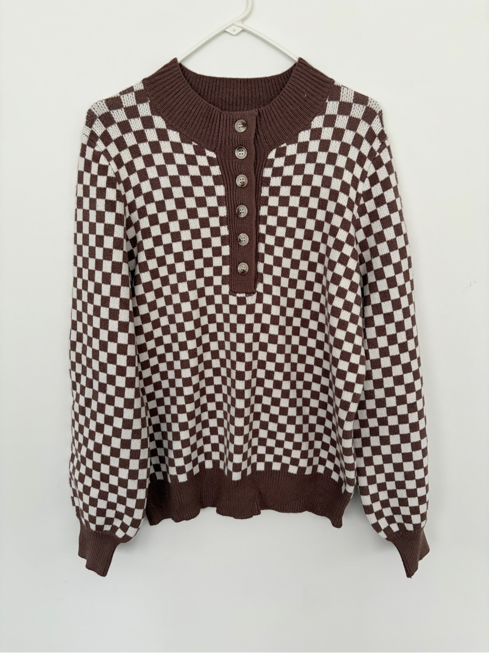 Checkerboard Henley Knit Sweater - Brown & Cream